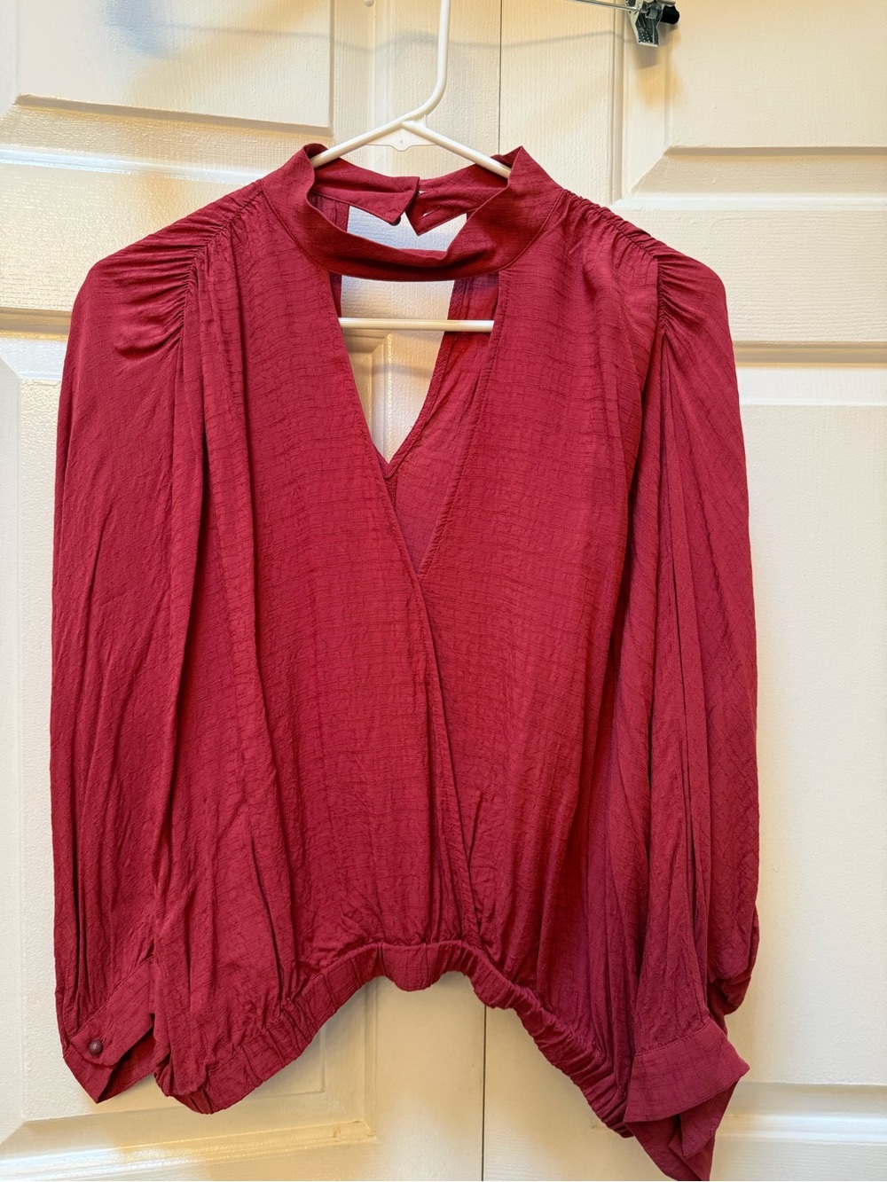 Maeve Wine Red V-Neck Mock Neck Long Sleeve Blouse